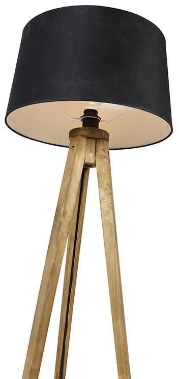 Rustykalna lampa stojąca na trójnogu z vintage'owym drewnem i abażurem z lnu w kolorze czarnym 45 cm - Tripod Classic Rustykalny / Vintage Oswietlenie wewnetrzne