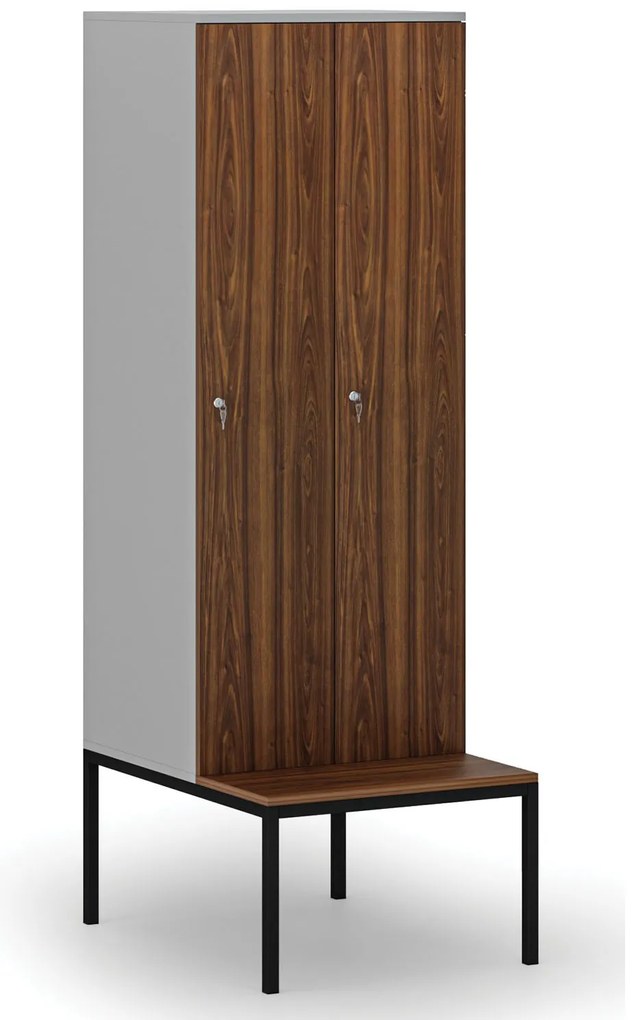 Drewniana szafa ubraniowa z ławką, 2-drzwiowa, 1871 x 600 x 500/800 mm, demontaż, zamek cylindryczny, szary/orzech
