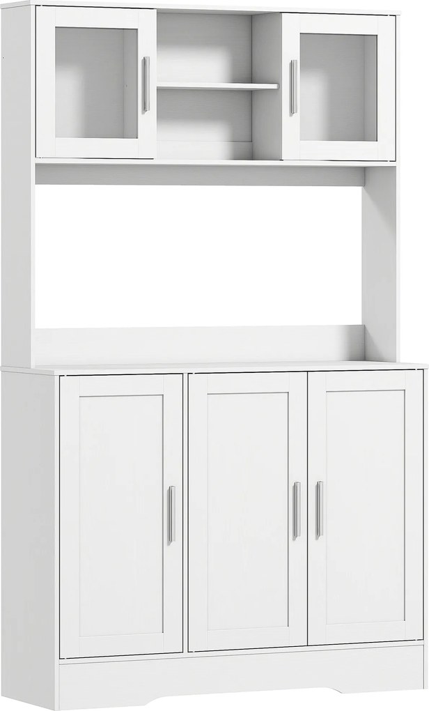 HOMCOM Szafka kuchenna, Design skandynawski, 4 szafki, Regulowane półki, Drzwi ze szkła, Otwarta przestrzeń, Płyta wiórowa, MDF, Biały