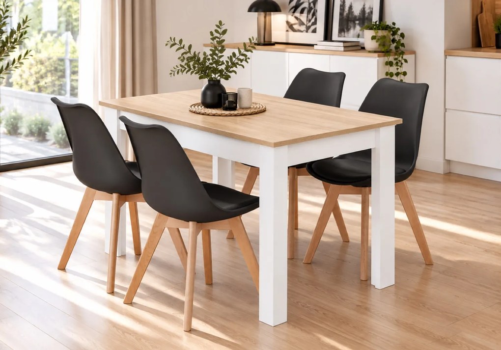 Zestaw stół i 4 krzesła Savio 015, 120x80 cm, dąb sonoma/biały, krzesła czarne