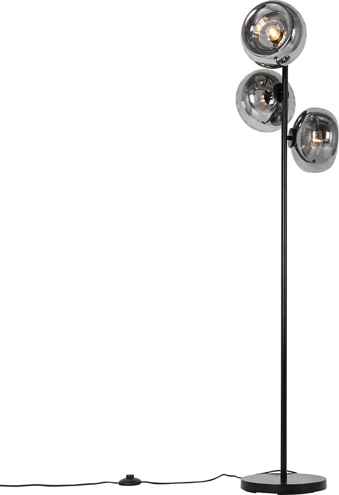 Lampa podłogowa art deco czarna z przydymionym szkłem 3-światła - Ayesha
