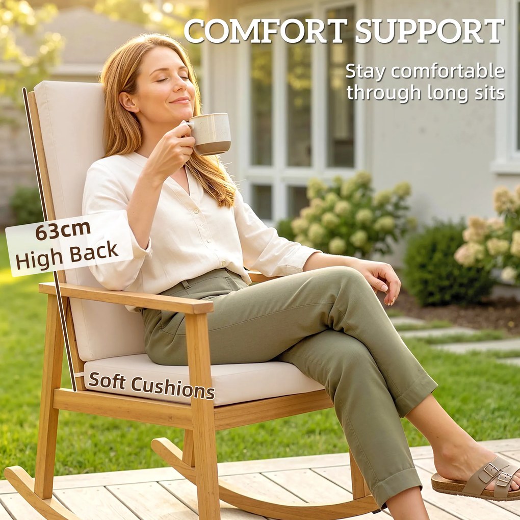 Outsunny Fotel bujany z drewna akacjowego z wysokim oparciem i poduszkami do 160 kg, 60 x 89 x 107 cm, beżowy | Aosom PL