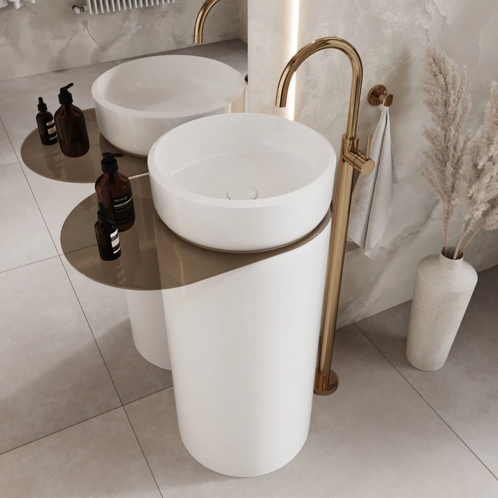 Umywalka z konglomeratu wolnostojąca okrągła z półką szklaną 85 x 40 cm RONA bez przelewu | Różne kolory półki : Kolor szkła - Brązowy, Kolor umywalki RONA - Biały matowy, Półka - Szklana