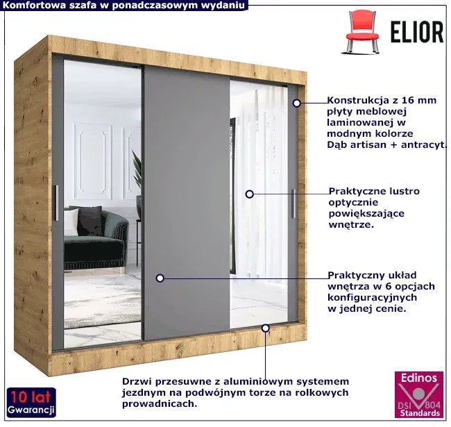Szafa przesuwna dąb artisan + antracyt 200 cm - Seko 6X