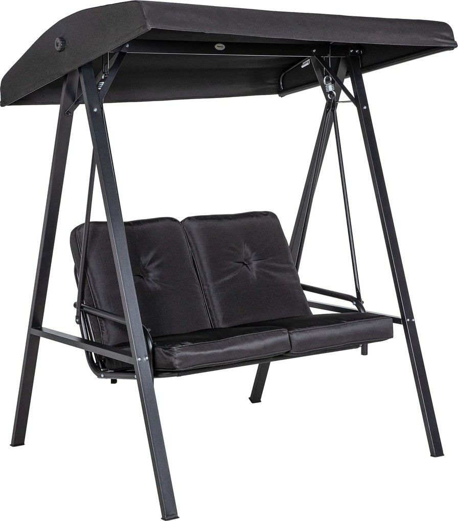 Outsunny Huśtawka Hollywood, 2-osobowa Ogrodowa z Regulowanym Dachem, do 220 kg, 145 x 116 x 172 cm, Czarna