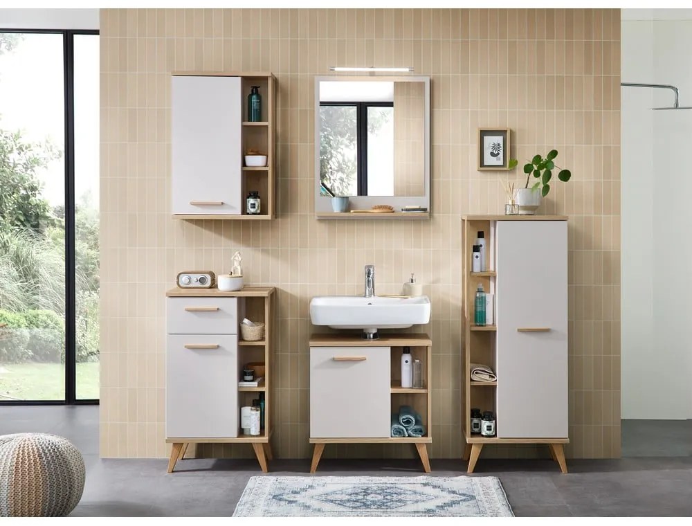Kremowa wysoka szafka łazienkowa w dekorze dębu 50,5x128 cm Quickset 966 – Pelipal