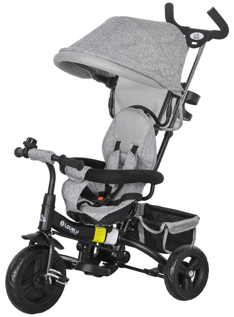 HOMCOM Rowerek 6w1 dla Dzieci z Rączką, Daszkiem, Pasem, Koszykiem, dla Dzieci 1-5 Lat, Szary