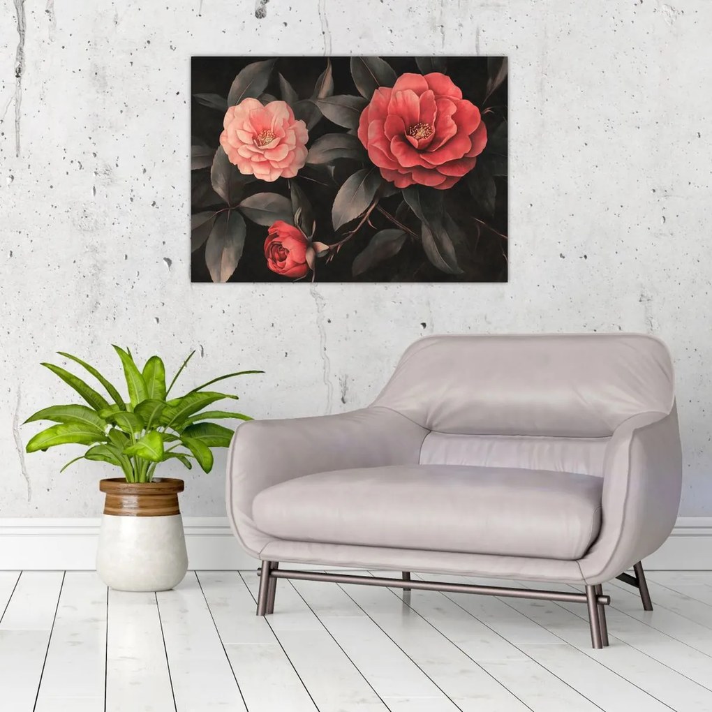 Obraz - Czerwone kwiaty na ciemnym tle (70x50 cm)