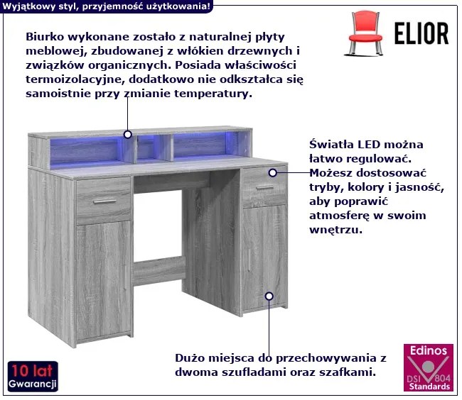 Biurko podświetlane 120 cm szary dąb sonoma - Elvon