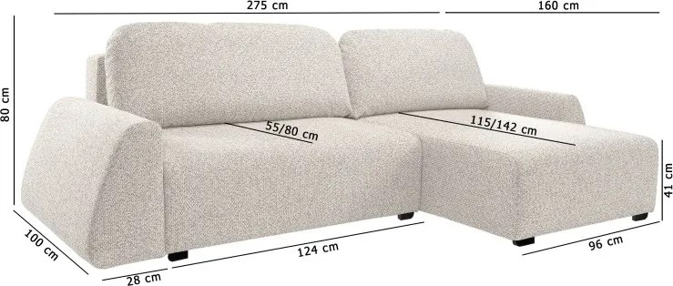 Narożnik ALMI Lewostronny z funkcją spania, wolnostojący tkanina EXCITE ME 05 Srebrny