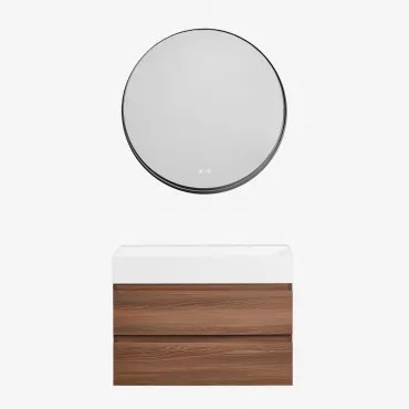 Zestaw Wiszących Mebli Łazienkowych Z Drewna I Forniru Jesionowego Zintegrowany Z Umywalką Ona Ciemna Czerń - Sklum