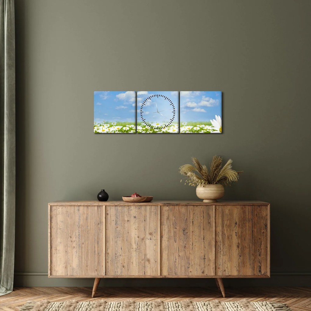 Obraz kwitnącej łąki ze stokrotkami (z zegarem) (90x30 cm)