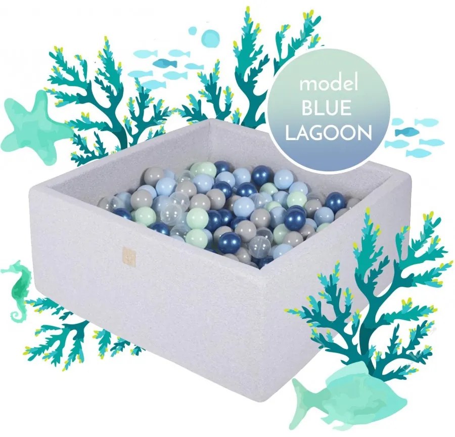 Kwadratowy suchy basen z piłeczkami 7cm dla dziecka, 110x110x40cm/500 piłek, bawełniany, jasnoszary, model blue lagoon - meowbaby®