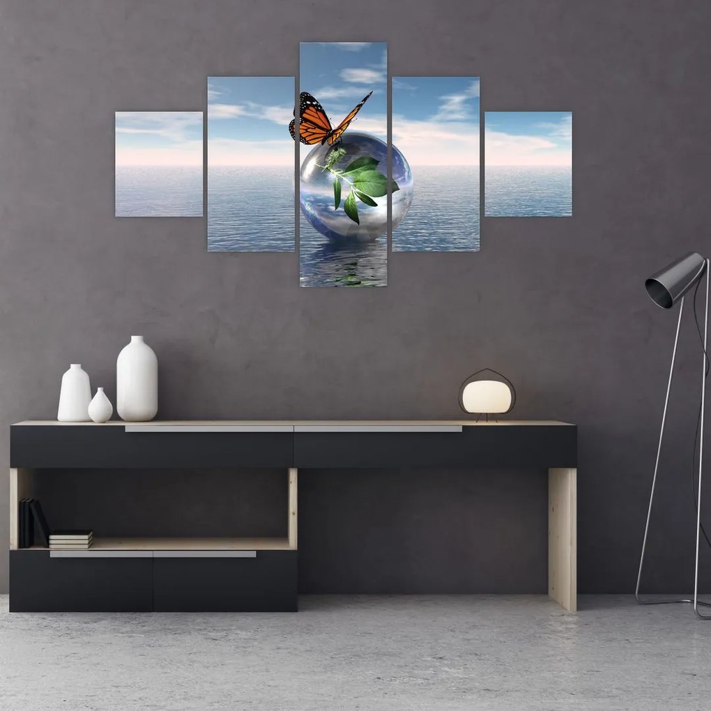 Obraz motyla na szklanej kuli (125x70 cm)