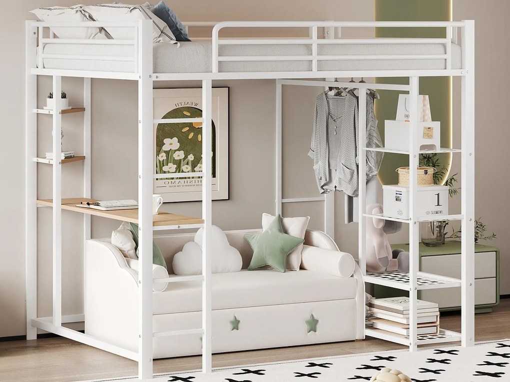 Łóżko mezzanine 90x200cm z metalu - z biurkiem i półkami - Białe