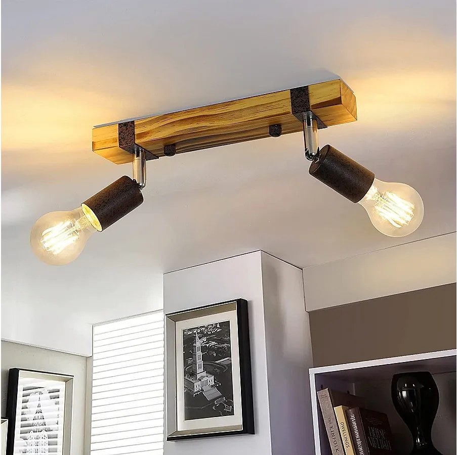 NETTLIFE Reflektor sufitowy retro 2 lampy ściemnialne z drewnianą belką, regulowane diody LED, wymienne