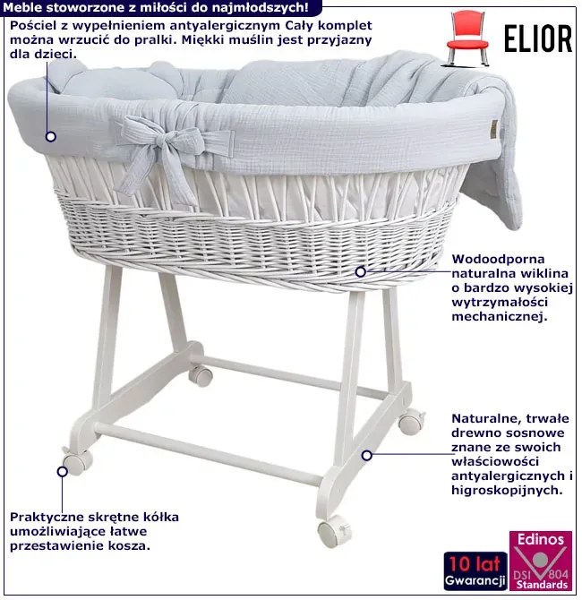 Szare łóżko dziecięce kosz mojżesza na rolkach Z0-N09