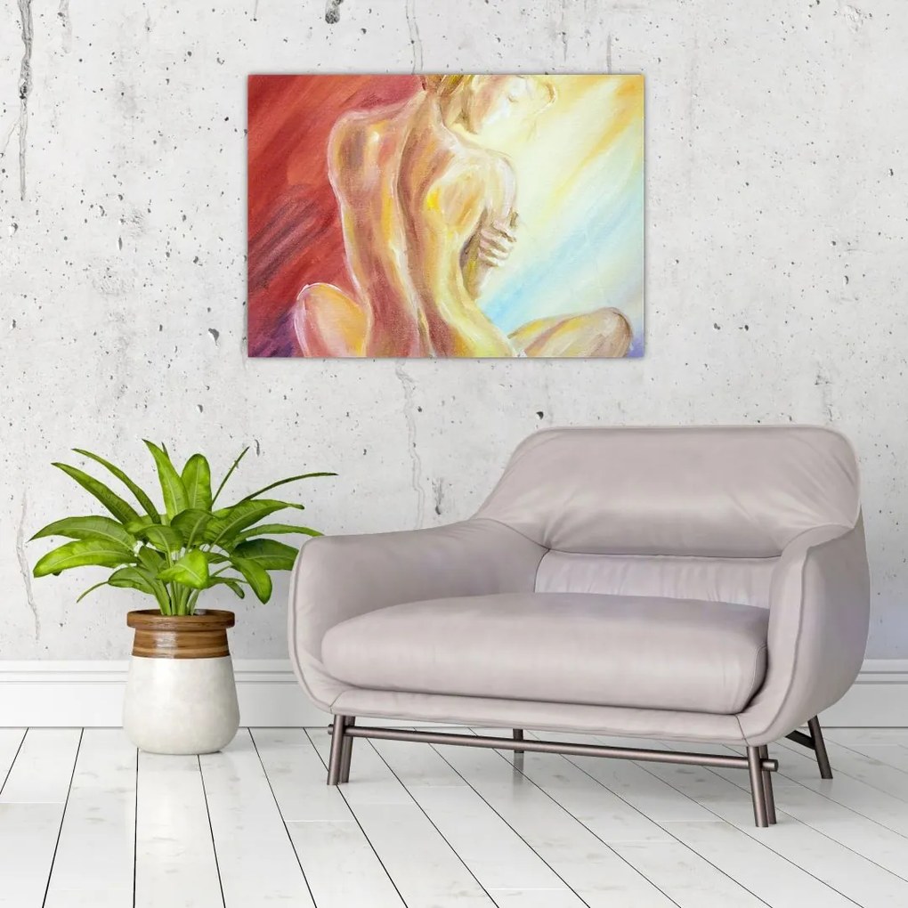 Obraz na szkle odpoczywającej kobiety, obraz olejny (70x50 cm)