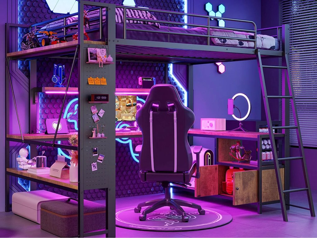 Łóżko na antresoli 140x200 cm - Konstrukcja stalowa - Oświetlenie LED - Biurko z półką - Port USB - Czarny​ (materac nie jest wliczony w cenę)