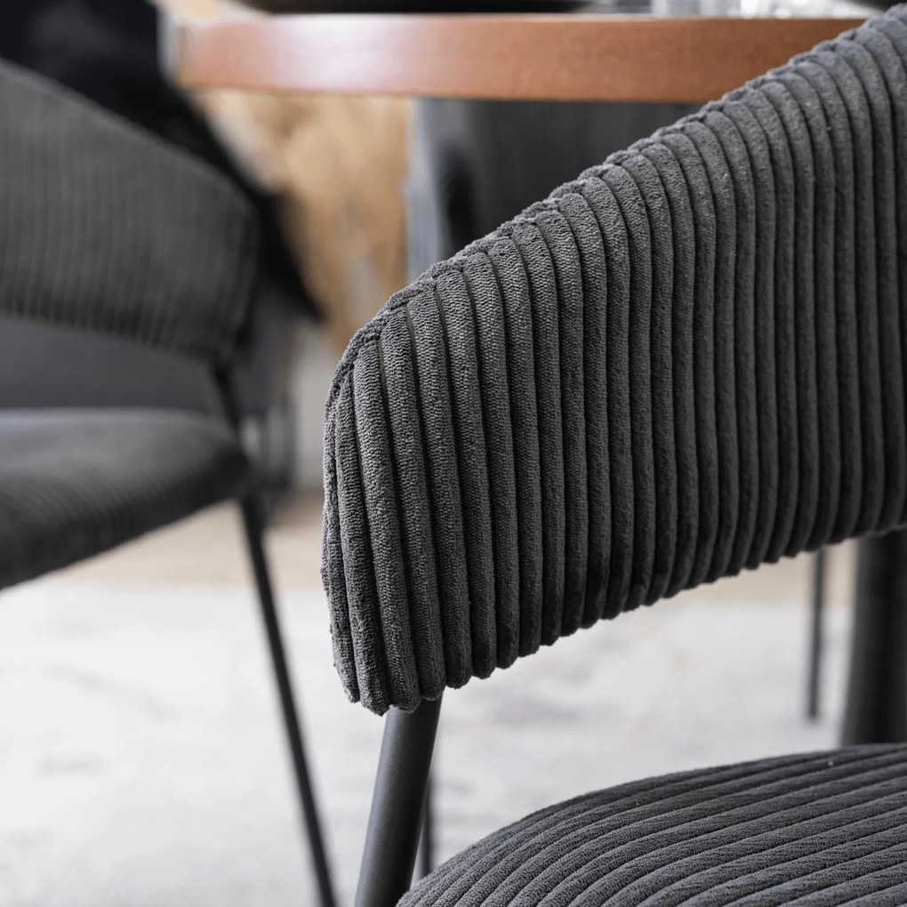 Zestaw Stół Okrągły LINO 100 cm Orzech/Czarny i 4 Krzesła Sztruksowe TINKA Czarne Nowoczesne Loft