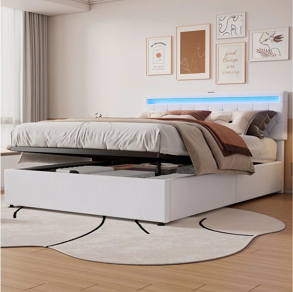 Łóżko z pojemnikiem 160 x 200 cm z portami USB i typu C - diody LED - tkanina lniana - kolor biały