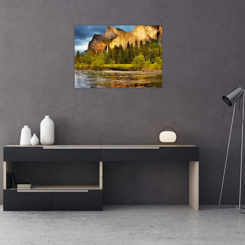 Obraz na szkle- Skały nad jeziorem (70x50 cm)