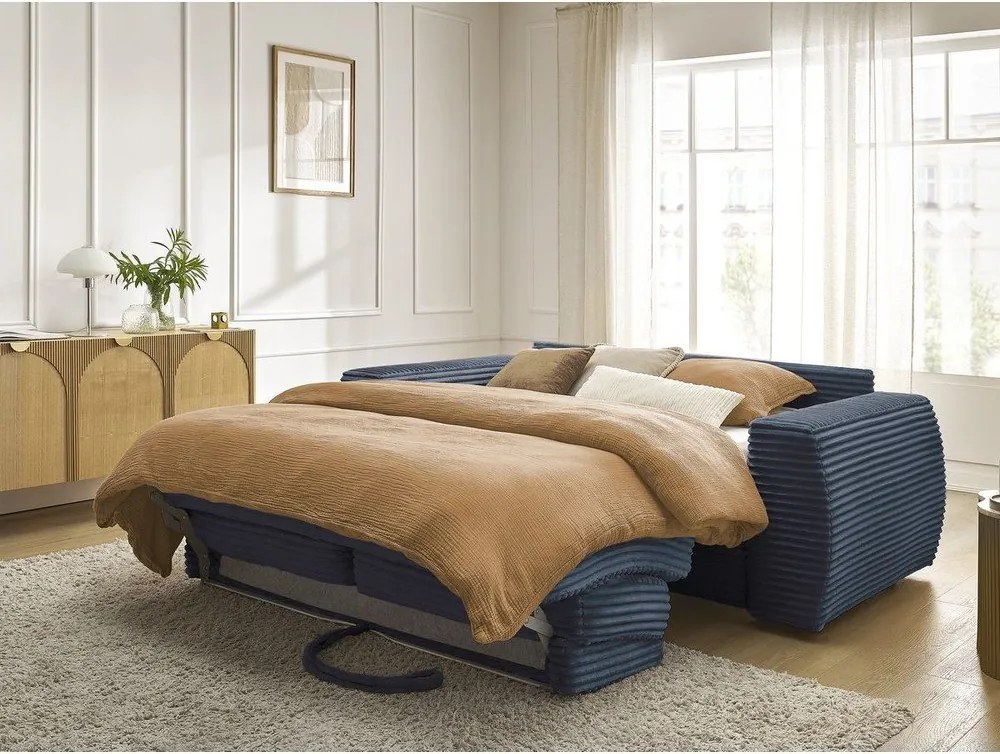 Ciemnoniebieska sztruksowa rozkładana sofa do spania 220 cm Hugo – Bobochic Paris