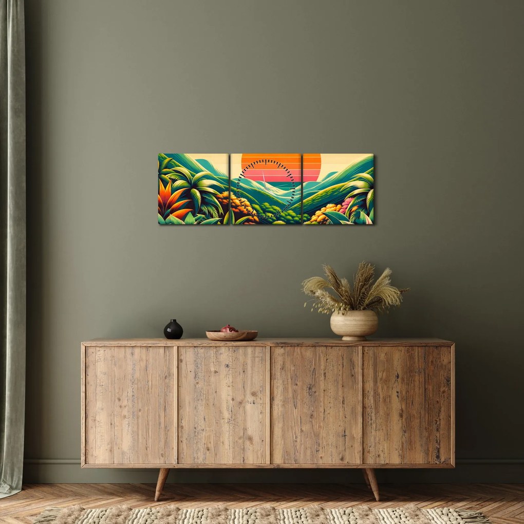 Obraz - Kolorowy zachód słońca (z zegarem) (90x30 cm)