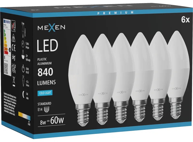 Mexen Nova 6x żarówka LED E14, C37, 8W, Zimna - 6500K, 840 lm - L102-E14-0865-01x06