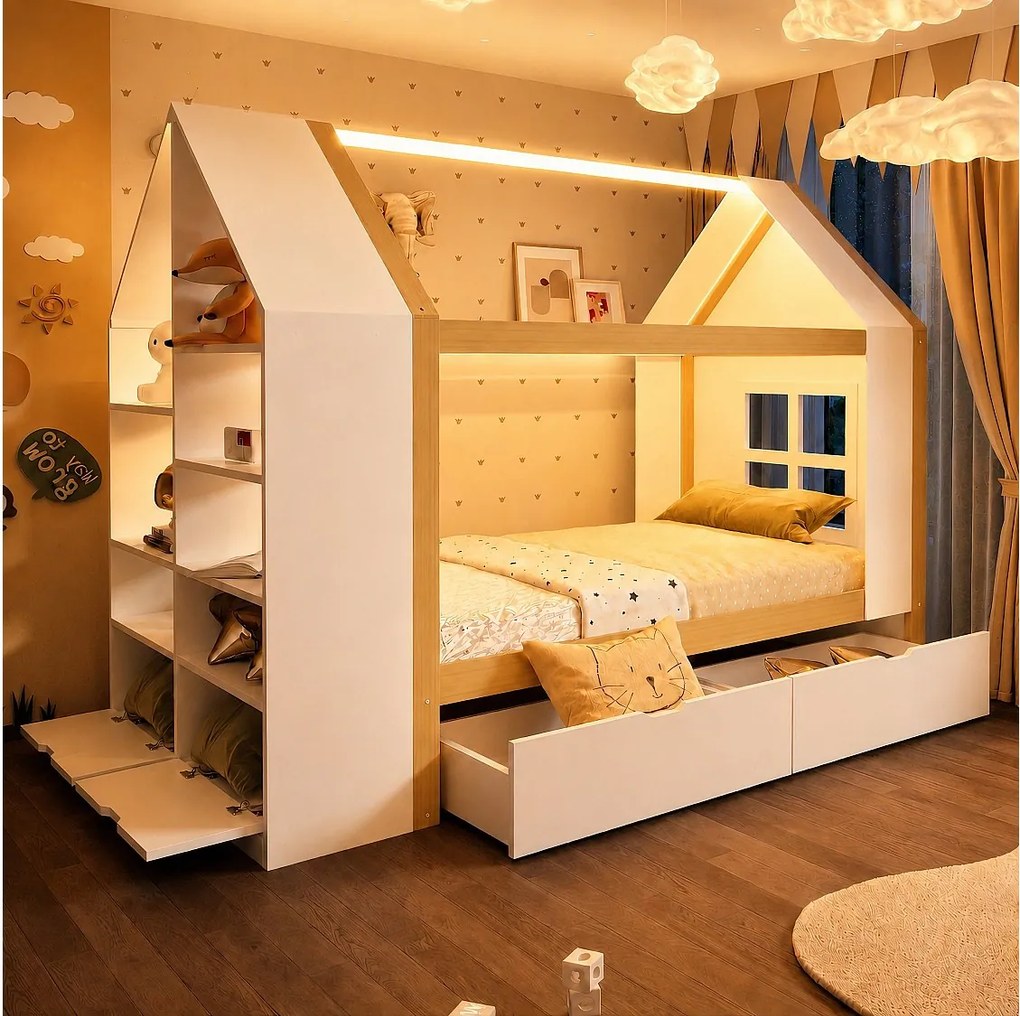 Łóżko dziecięce 90x200 cm - Design w stylu domku - Z 2 szufladami - Z oświetleniem LED - naturalny + biały (materac nie wchodzi w skład zestawu)