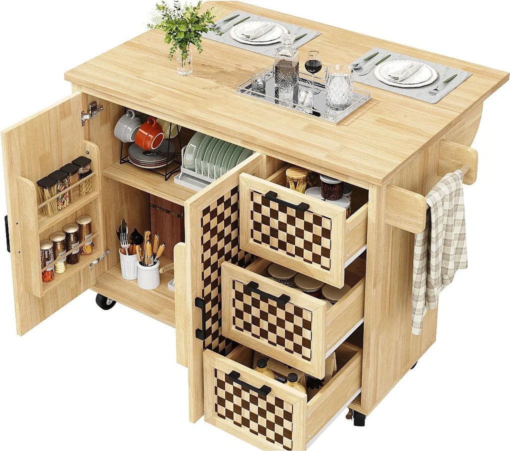 Mobilna wyspa kuchenna - Rozkładany blat - 120x45x92 cm - 2 drzwi - z wieszakiem na ręczniki - MDF - dekoracja kratkowa - Naturalny