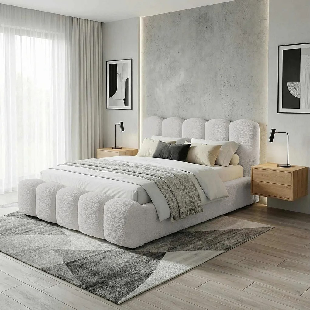 BESILIO Łóżko z grubej pianki 160x200 boucle Milly - łóżko z pojemnikiem i stelażem - Jasnoszary