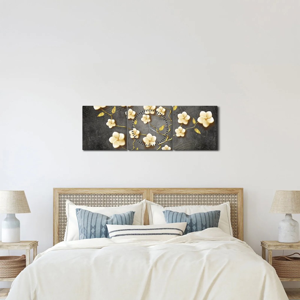 Obraz - Złoty krzew na czarnym tle (z zegarem) (90x30 cm)
