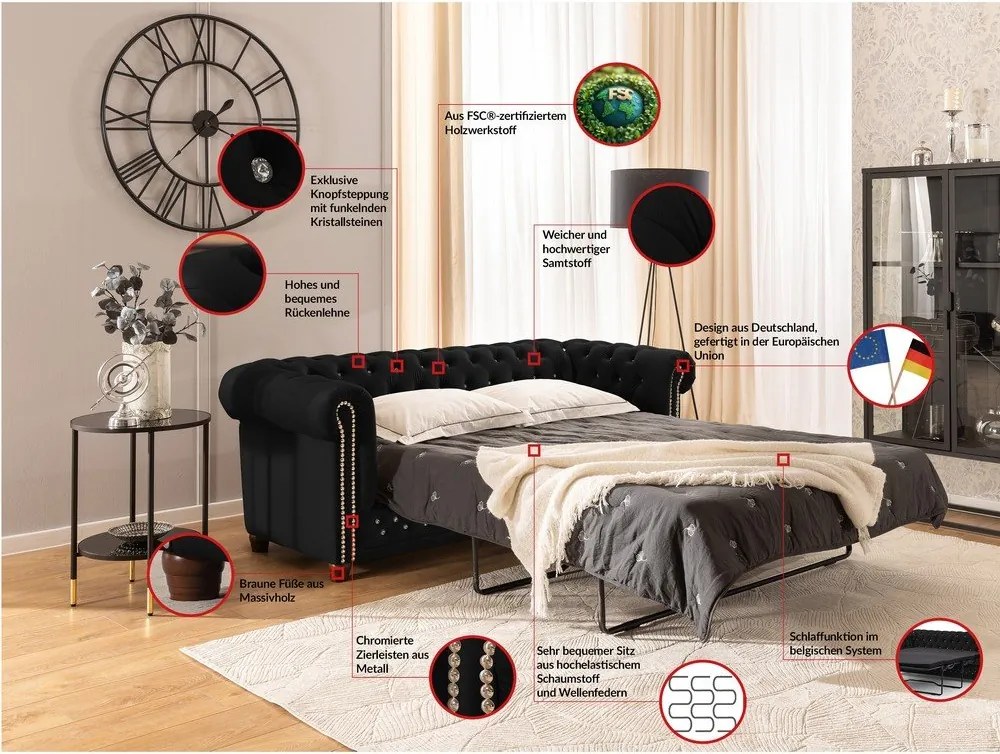 Czarna aksamitna rozkładana sofa 203 cm York Blik – Ropez