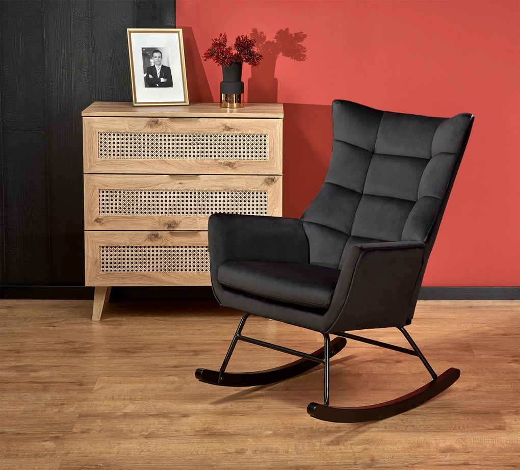 Fotel bujany, czarny, welur, na płozach BAZALTO
