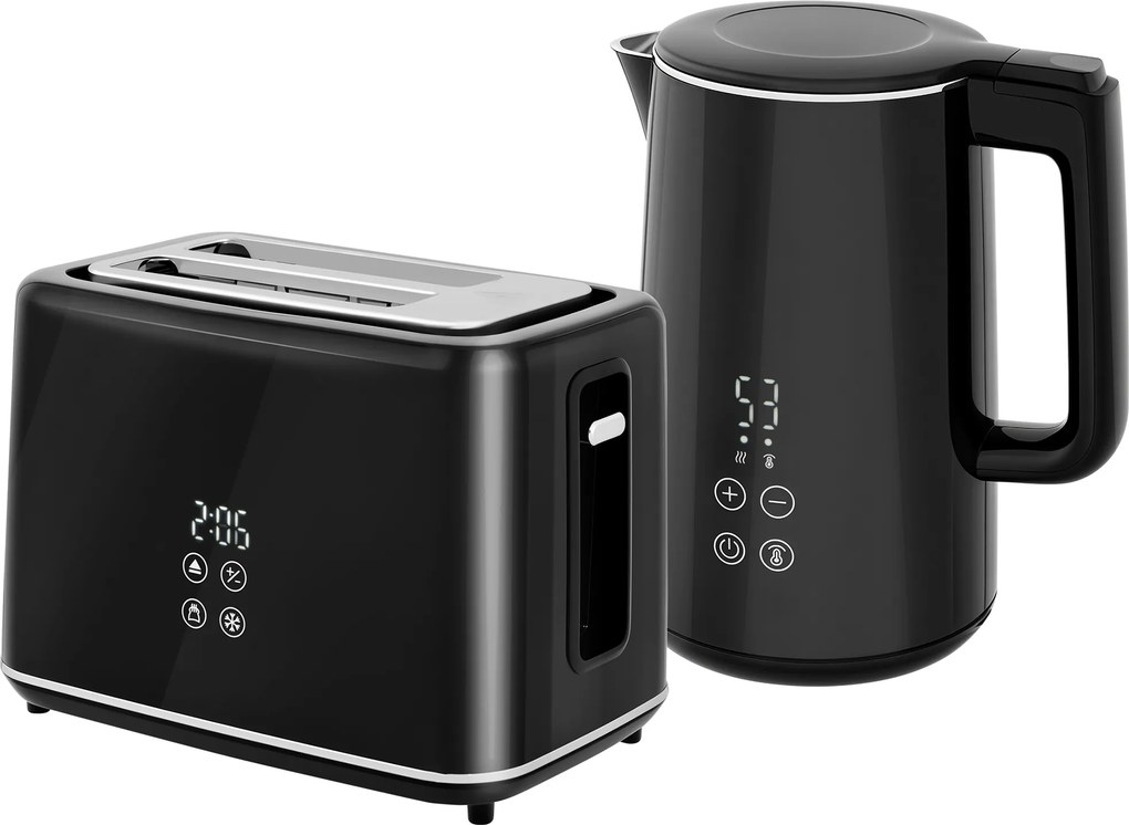 HOMCOM Zestaw kuchenny z czajnikiem i tosterem, 7 stopni zrumienienia, szybkie gotowanie, Stal nierdzewna, Plastik, Czarny