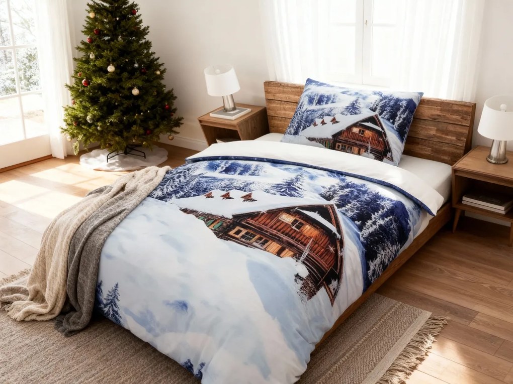 PrzytulneMieszkanie.pl PrzytulneMieszkanie.pl 3D pościel z mikrosatyny WINTER CHALET, białe Rozmiar pościeli: 70 x 90 cm | 140 x 200 cm