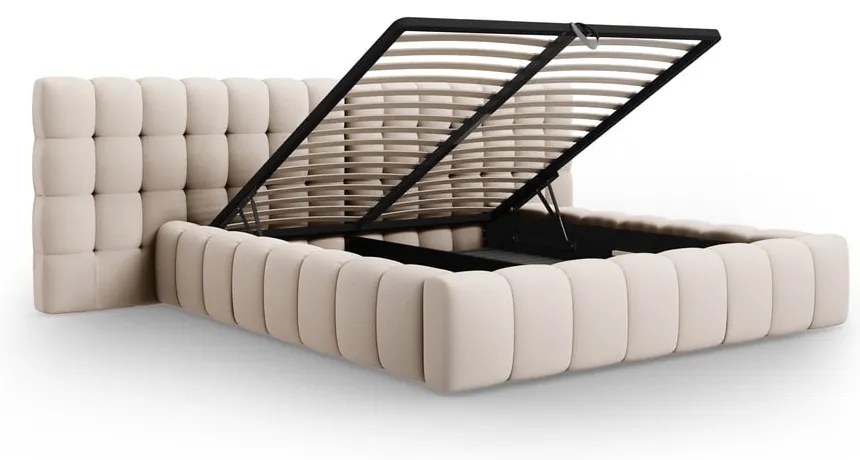 Beżowe tapicerowane łóżko dwuosobowe ze schowkiem i stelażem 160x200 cm Mamaia – Micadoni Home