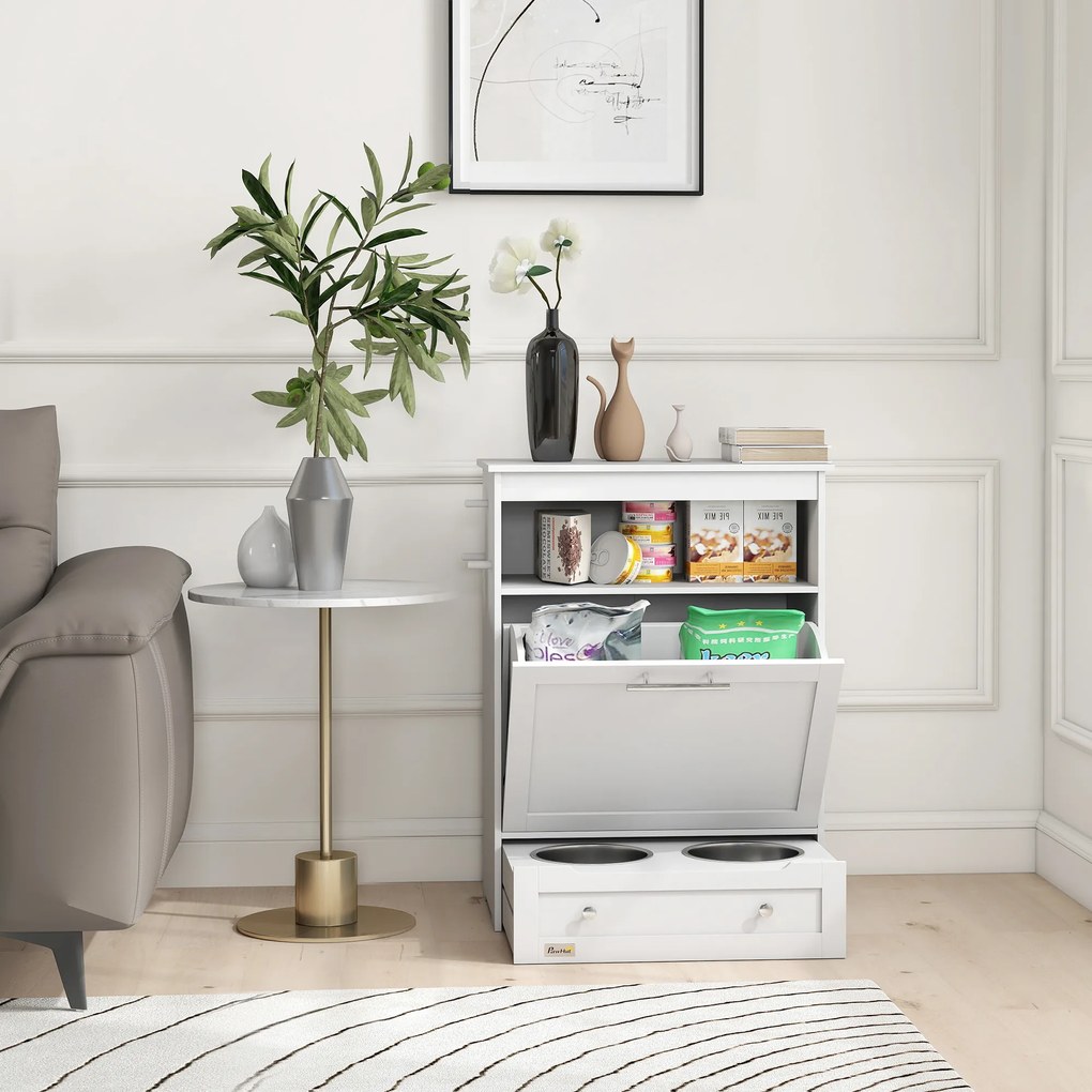 PawHut Stacja żywieniowa dla zwierząt domowych, szafka na akcesoria z miskami, haki na smycze, MDF, kolor biały