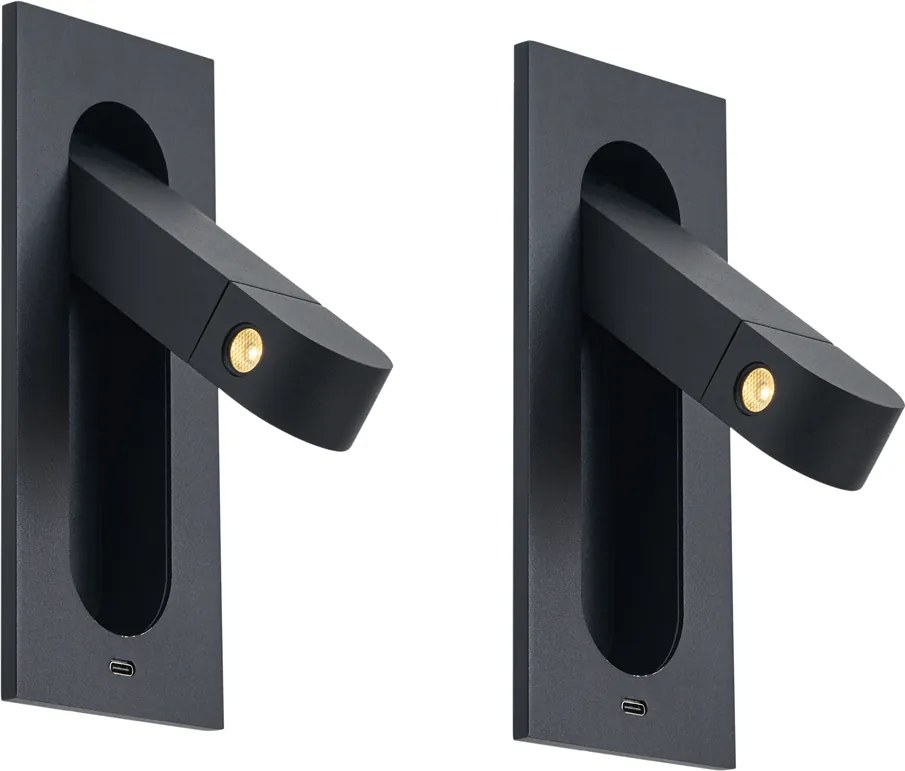 Zestaw 2 nowoczesnych lamp ściennych czarnych z LED i portem USB-C - Hilton