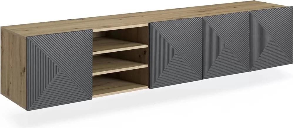 Szafka RTV Asha 200 cm wisząca z ryflowanym frontem i wnęką - artisan / rivier stone mat