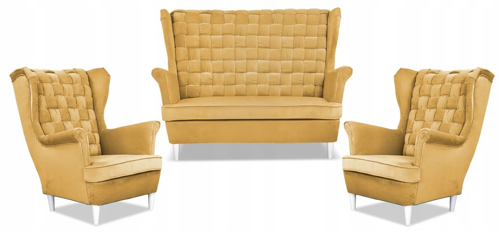 Zestaw wypoczynkowy Carol sofa fotele paski Family Meble żółty miodowy