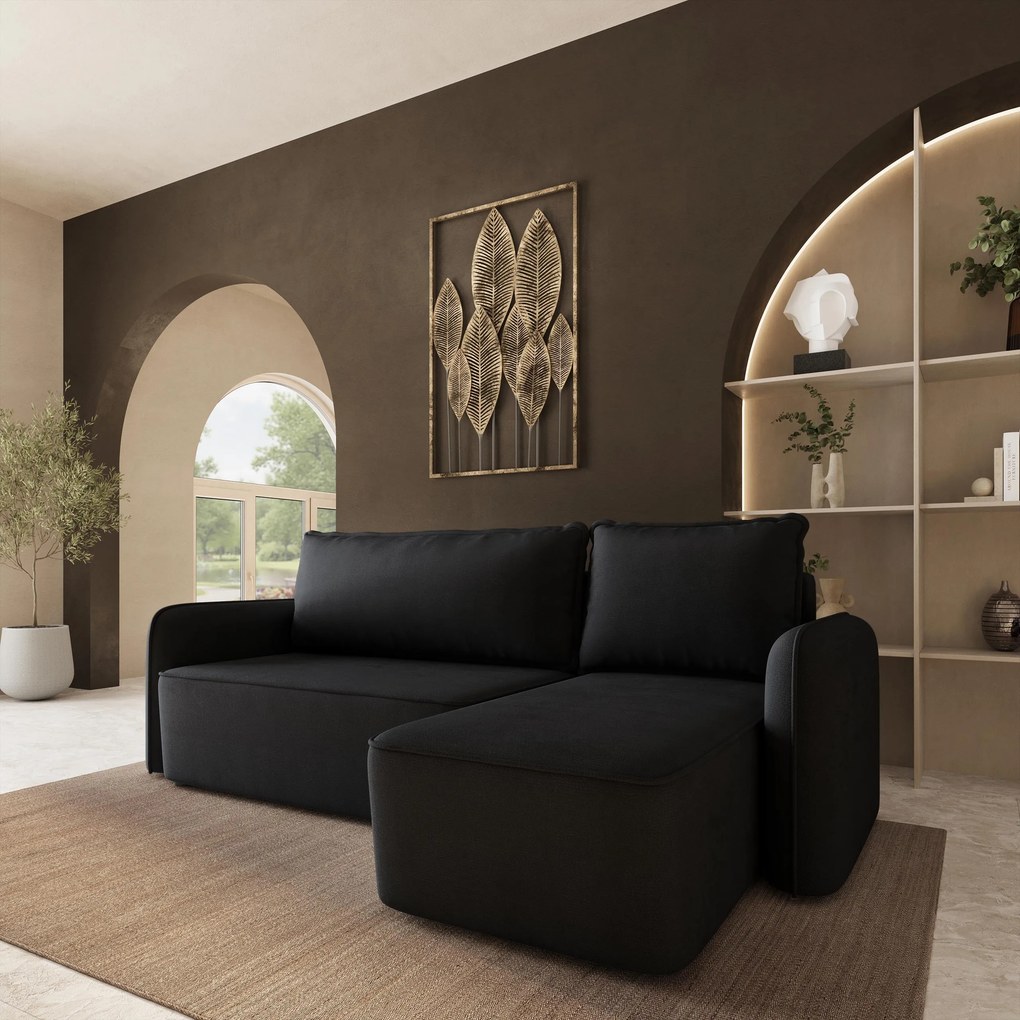 Masseno Narożnik DOLVER z funkcją spania i pojemnikiem na pościel Narozniki L, Rozkładana sofa - Czarny, KRONOS 07