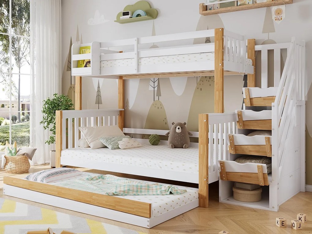 Łóżko piętrowe 90x200cm + 120x200cm + łóżko wysuwane 90x190cm - z schodami do przechowywania - z drewna sosnowego i MDF - Białe i Naturalne
