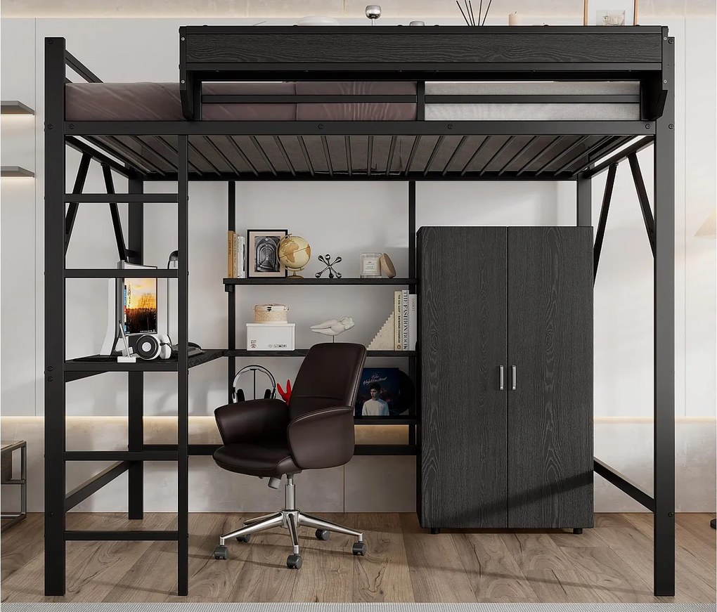 Łóżko na antresoli 140x200 cm - z biurkiem i półką do przechowywania - z szafą ubraniową - Metal + MDF - Czarny​ (bez materaca)