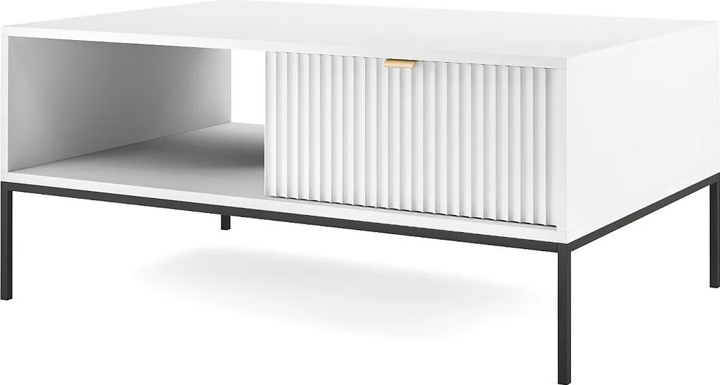 Stolik Kawowy Elegancki DomoHome NOVA – Z akcentem złotym, nowoczesna szuflada MDF, czarne metalowe nogi, minimalistyczny design, Biały, 104x104x46cm