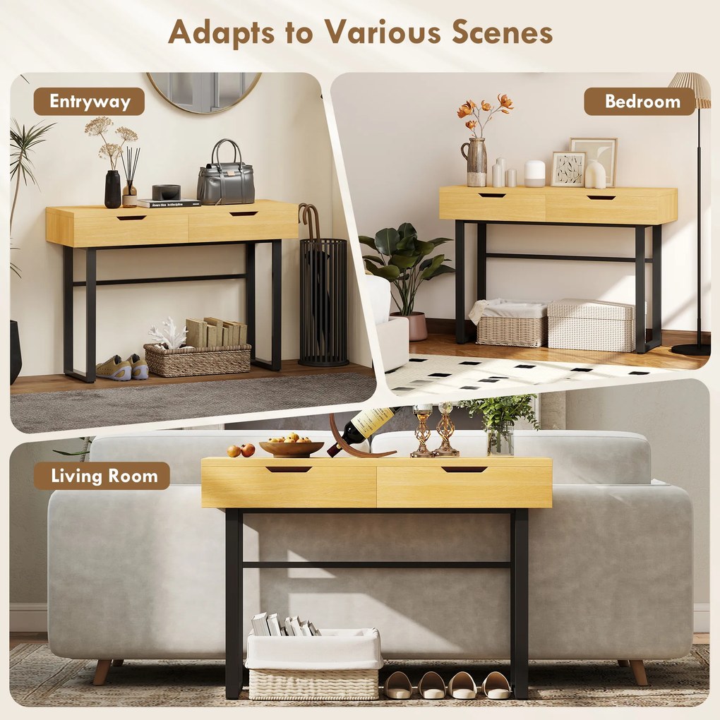 HOMCOM Stolik konsolowy Wąski stolik do przedpokoju z 2 szufladami, metalowa rama, do przedpokoju 110 x 35 x 76,5 cm naturalny | Aosom PL