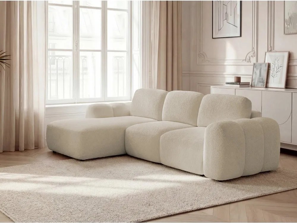 Beżowy rozkładany/ze schowkiem narożnik z materiału bouclé (lewostronny/z szezlongiem) Montaigne – Bobochic Paris