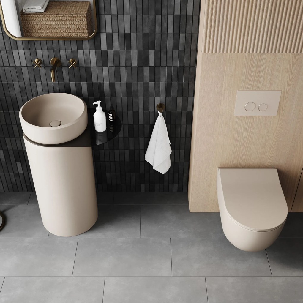 Zestaw łazienkowy z umywalką RONA z półką i korkiem, miską wc, stelażem i przyciskiem | Różne kolory : Kolor zestawu - Beż mat, Podłączenie syfonu - Do podłogi