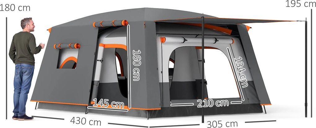 Outsunny Namiot campingowy dla 4-6 osób, lekki, stabilny, wodoszczelny, z werandą, ciemnoszary